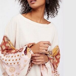 Free People Cream Top with Pink and Brown Accents